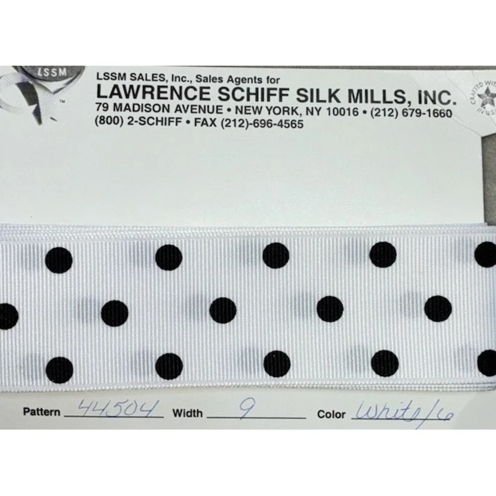 Lawrence Schiff Silk Mills Ribbon White Black Polka‎ Dot 1.5